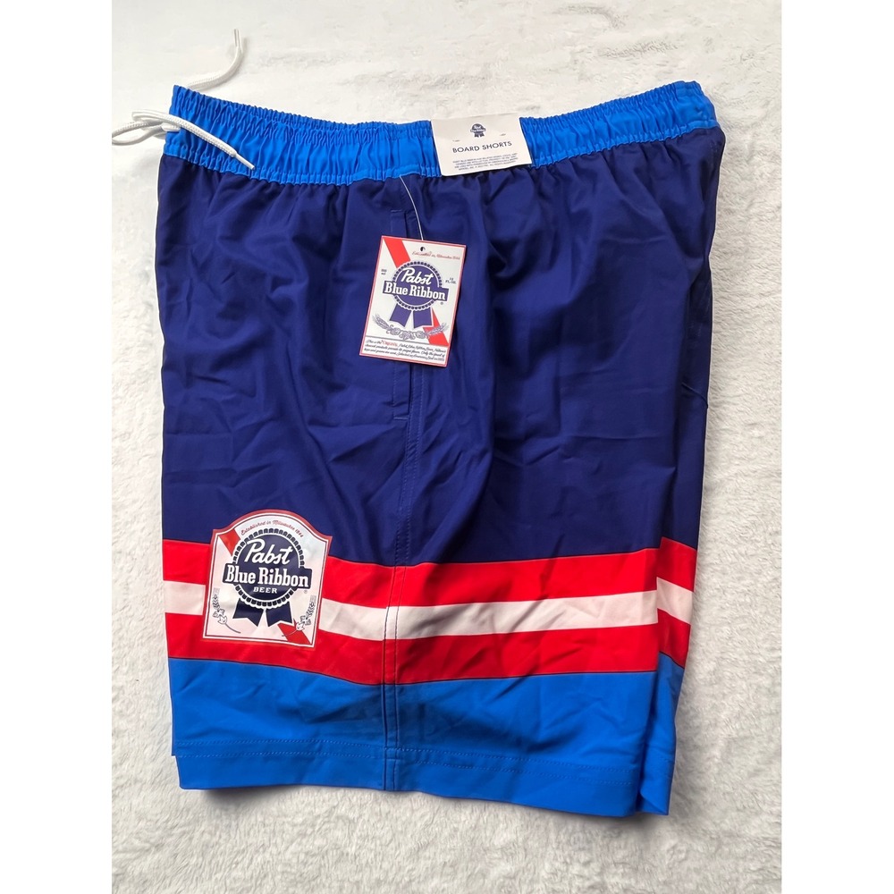 Pabst Blue Ribbon Board Shorts Men M Blue Stripe Swim Trunks PBR Beer Logo NEW!!